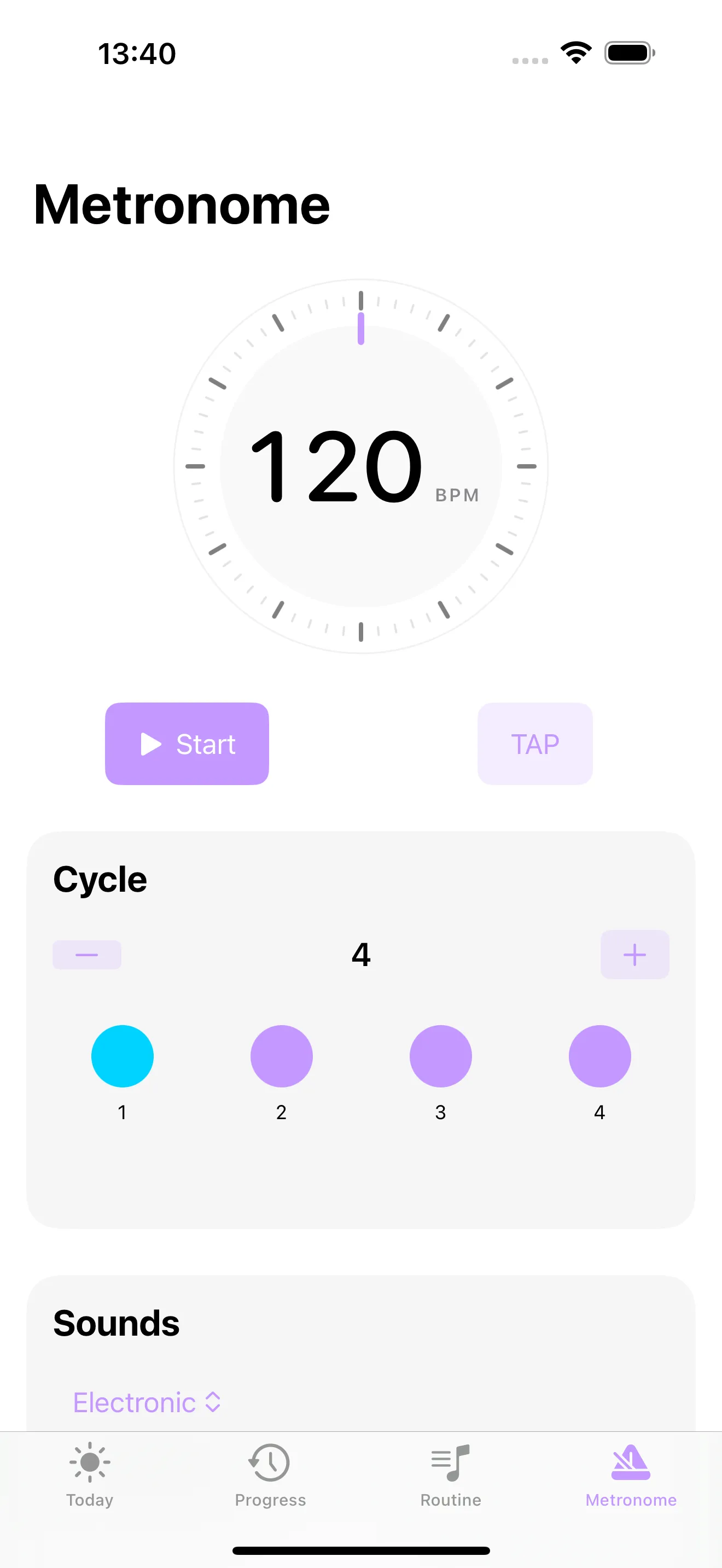 Metronome view with tempo and beat controls