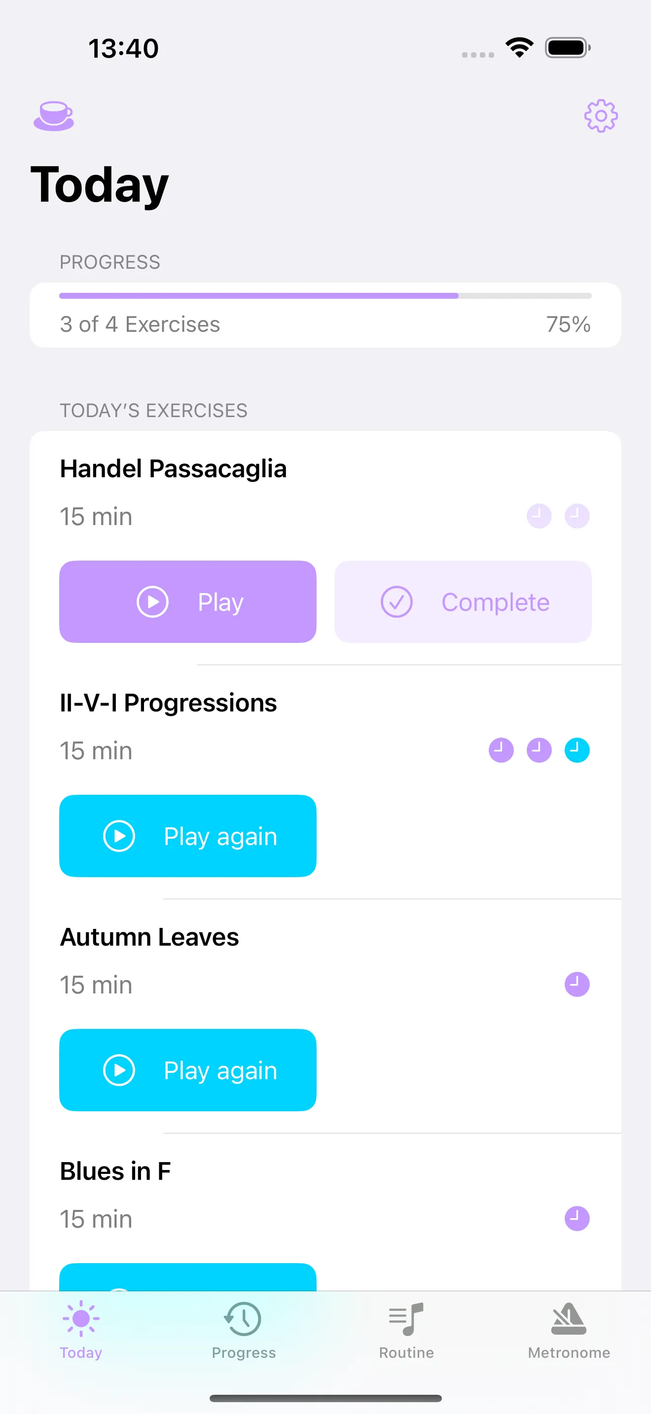 Today view showing a daily exercise routine and its progress